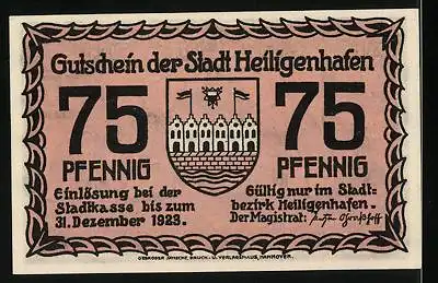 Notgeld Heiligenhafen 1923, 75 Pfennig, altes Rathaus