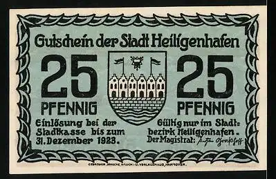 Notgeld Heiligenhafen 1923, 25 Pfennig, Segelboote auf dem Wasser