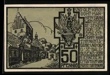 Notgeld Heiligenhafen 1923, 50 Pfennig, Ortsansicht, Stadtwappen