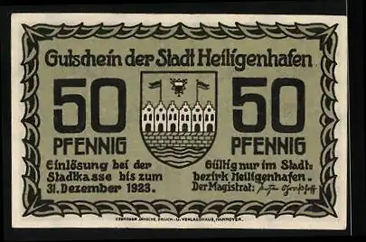 Notgeld Heiligenhafen 1923, 50 Pfennig, Ortsansicht, Stadtwappen