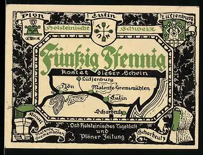 Notgeld Malente-Gremsmühlen, 50 Pfennig, Wappen, Uglei-See
