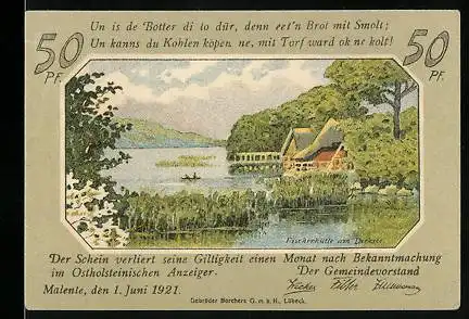 Notgeld Malente 1921, 50 Pfennig, Blick auf den See mit kleinem Häusschen