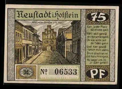Notgeld Neustadt i. Holstein 1921, 75 Pfennig, Kremper Strasse und Tor, Stadtbrand 1817