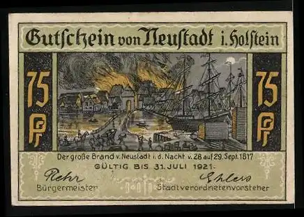 Notgeld Neustadt i. Holstein 1921, 75 Pfennig, Kremper Strasse und Tor, Stadtbrand 1817