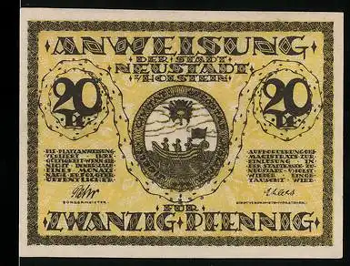 Notgeld Neustadt i. Holstein, 20 Pfennig, Stadtwappen, Blick auf Rathaus
