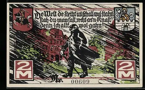 Notgeld Marne 1922, 2 Mark, Schattenbild von einem Mann mit Gehstock