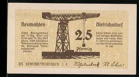 Notgeld Neumühlen-Dietrichsdorf 1922, 25 Pfennig, Kran im Hafen, Frosch