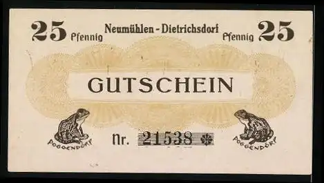 Notgeld Neumühlen-Dietrichsdorf 1922, 25 Pfennig, Kran im Hafen, Frosch