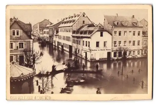 Fotografie C. Spielmann, Neuwied, Ansicht Neuwied, Hochwasser, Geschäftshaus Handlung Heinrich Missong