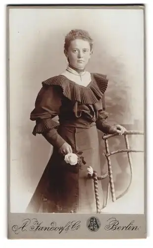 Fotografie A. Jandorf & Co., Berlin, Brunnen-Strasse 19-21, Junge Dame mit Lockenfrisur im festlichen Kleid mit Plissee