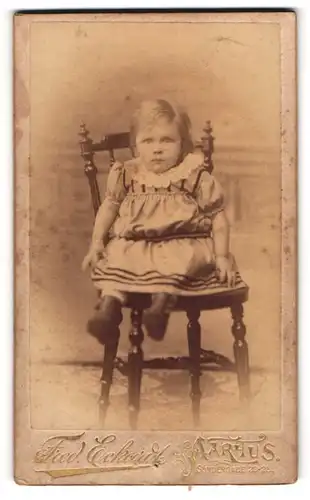 Fotografie Fred. Eckardt, Aarhus, Söndergade 23-25, Ängstliches kleines Mädchen mit Spitzenkragen auf einem Stuhl