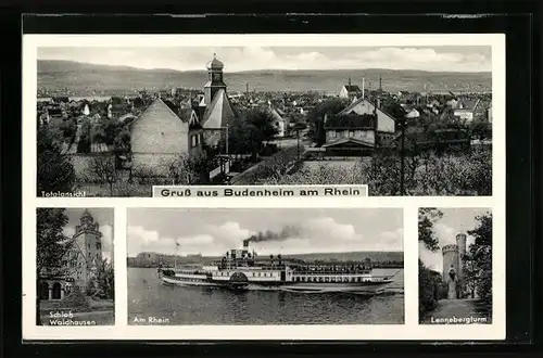 AK Budenheim, Totalansicht, Lennebergturm, Dampfer, Schloss Waldhausen