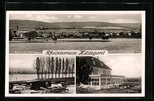 AK Heidesheim, Blick in den Rheingau, Rheinterrasse Hildegard, Inh. Heinz Weise