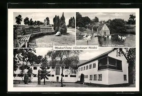 AK Müden, Hermann Löns-Denkmal u. Pommernbank, Jugendherberge, Idyll an der Oertze