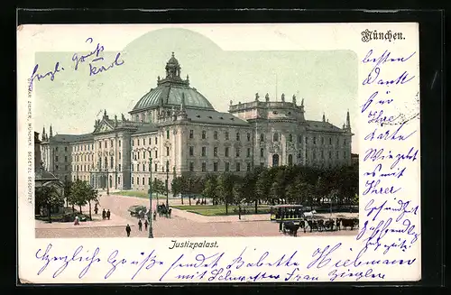 AK München, Strasse am Justizpalast, Pferdebahn