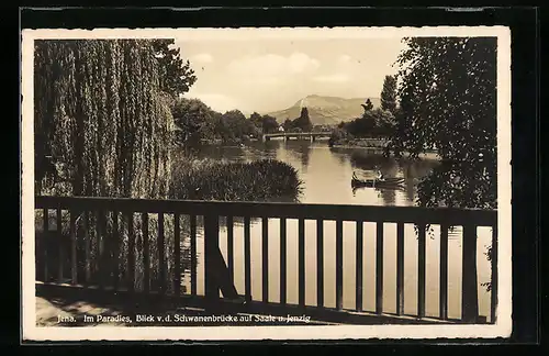 AK Jena, Im Paradies, Blick v. d. Schwanenbrücke auf Saale u. Jenzig