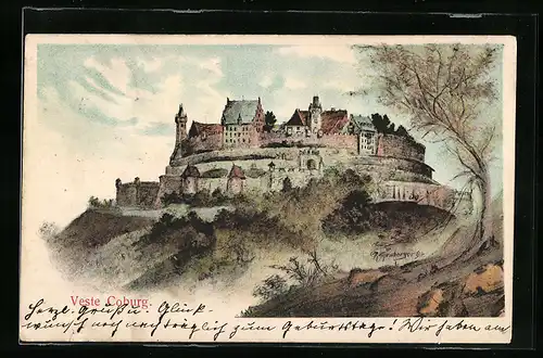 Lithographie Coburg, Ansicht der Veste