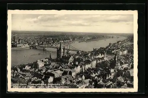 AK Köln-Deutz, Hängebrücke, Südbrücke, Kölner & Deutzer Hafen aus der Vogelschau