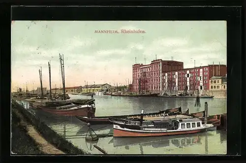 AK Mannheim, Rheinhafen mit Uferweg