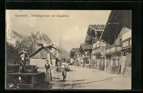 AK Garmisch, Frühlingstrasse mit Zugspitze