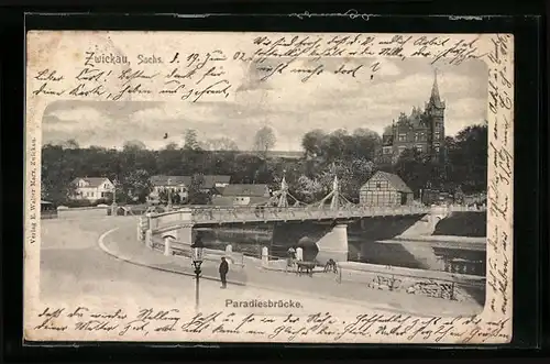 AK Zwickau /Sa., Paradiesbrücke mit Strasse