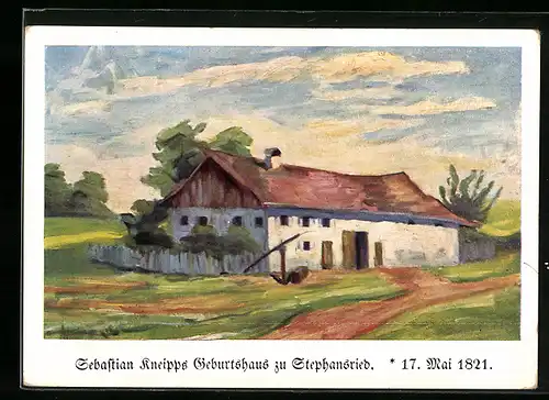 Künstler-AK Stephansried, Pfarrer Sebastian Kneipps Geburtshaus 1821