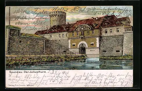 Künstler-AK Berlin-Spandau, Partie am Juliusturm