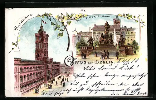 Lithographie Berlin, Rotes Rathaus & Lutherdenkmal, Neuer Markt