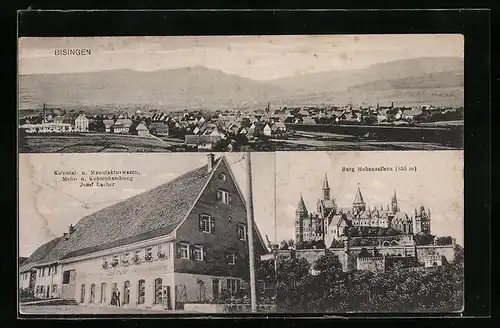 AK Bisingen, Totalansicht mit Bergpanorama, Kolonial- und MaufakturwarenHandlung Josef Lacher, Schloss Hohenzollern
