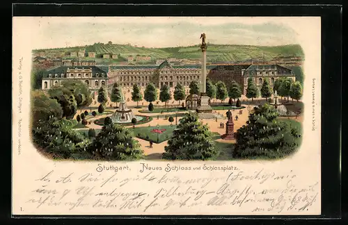 Lithographie Stuttgart, Neues Schloss und Schlossplatz mit Denkmal