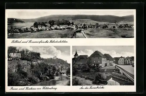 AK Salzderhelden, Panorama, Ruine und Kurhaus zur Heldenburg, An der Leinebrücke