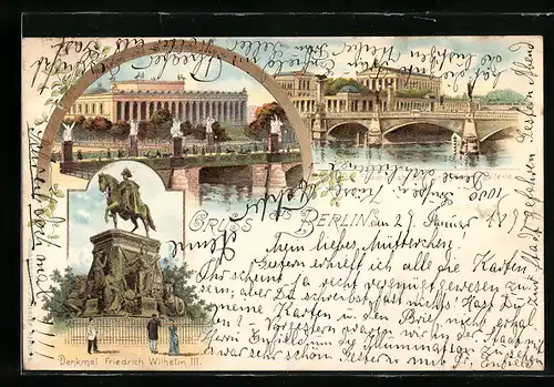 Lithographie Berlin, Friedrichsbrücke und Nationalgallerie, Museum und Schlossbrücke