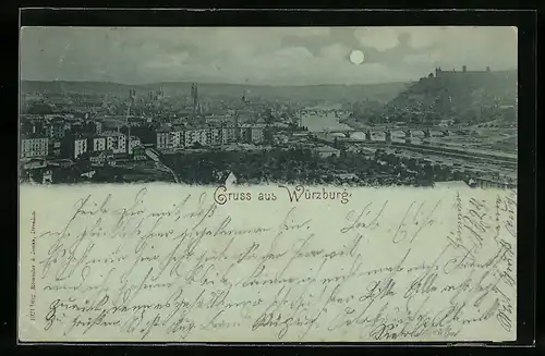 Mondschein-AK Würzburg, Panorama mit Flusspartie