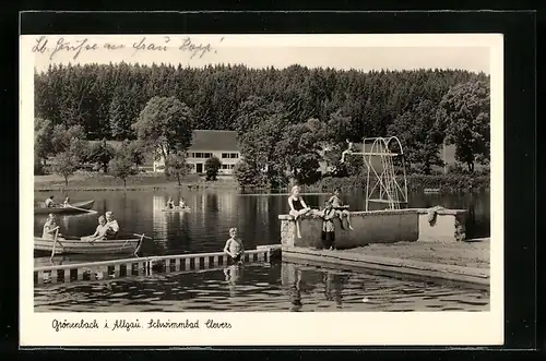 AK Grönenbach, Schwimmbad Clevers mit Sprungturm und Badegästen