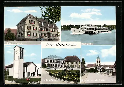 AK Ichenheim, Gasthaus Zum Löwen, Rheinpartie, Kirche, Partie am Rathaus