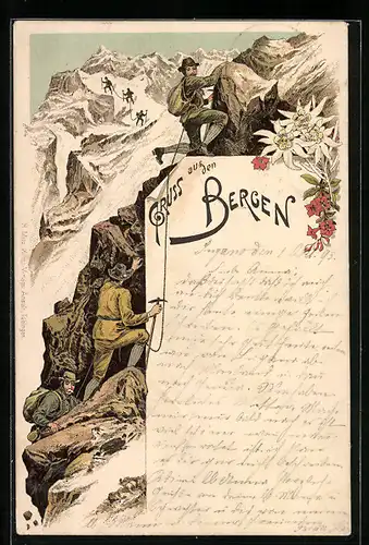 Vorläufer-Lithographie Bergsteiger in den Bergen 1895