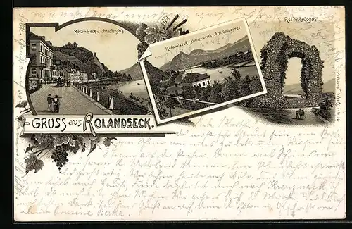 Lithographie Rolandseck, Rolandsbogen, Drachenfels, Nonnenwerth und Siebengebirge