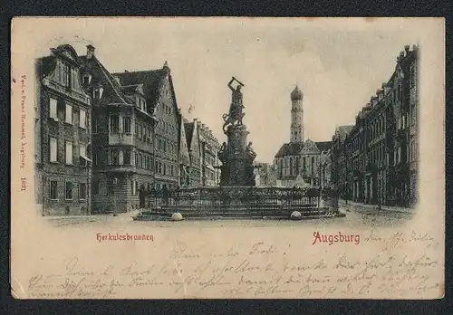 Relief-AK Augsburg, Platz mit Herkulesbrunnen
