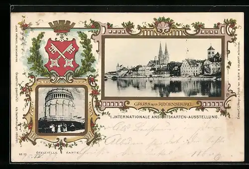 AK Ganzsache Bayern PP15D63 /01: Regensburg, I. Internationale Ansichtskarten-Ausstellung, Teilansicht, Wappen