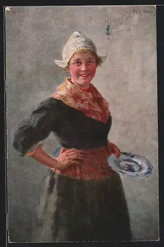 Künstler-AK Holländerin mit Teller in niederländischer Tracht