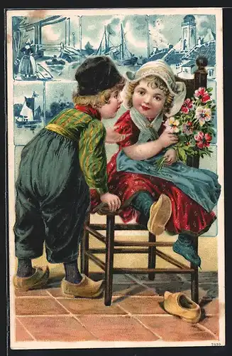 Künstler-AK Kleines Pärchen in niederländischen Trachten mit Blumenstrauss