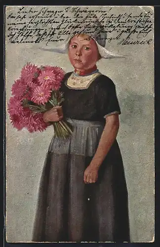 Künstler-AK Junge niederländische Dame in Tracht mit Blumenstrauss
