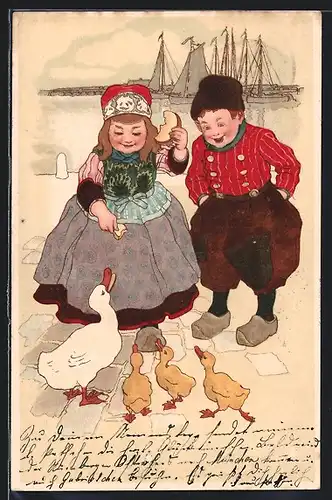 Künstler-AK Kleines niederländisches Paar beim Gänse füttern