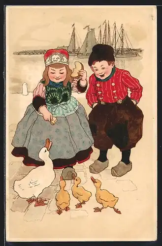 Künstler-AK Kleines Paar in niederländischer Kleidung beim Gänsefüttern