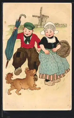 Künstler-AK Kleines niederländisches Paar erschrickt sich vor einem Hund
