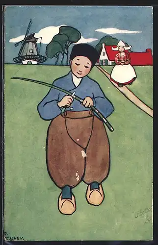 Künstler-AK Junge in niederländischer Tracht beim Schnitzen