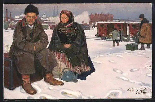Künstler-AK Ein polnisches Ehepaar wartet mit ihrem Hab und Gut im Schnee auf den Zug