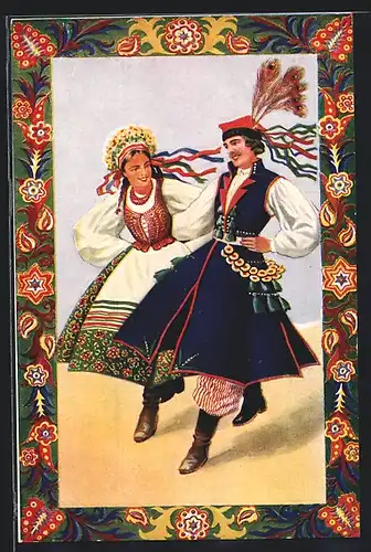 Künstler-AK Polnische Paar in Tracht tanzt fröhlich miteinander