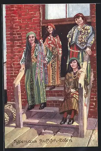 Künstler-AK Frauen aus Russisch-Polen in bunten Kleidern