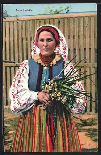AK Polnische Frau in Tracht mit Blumen